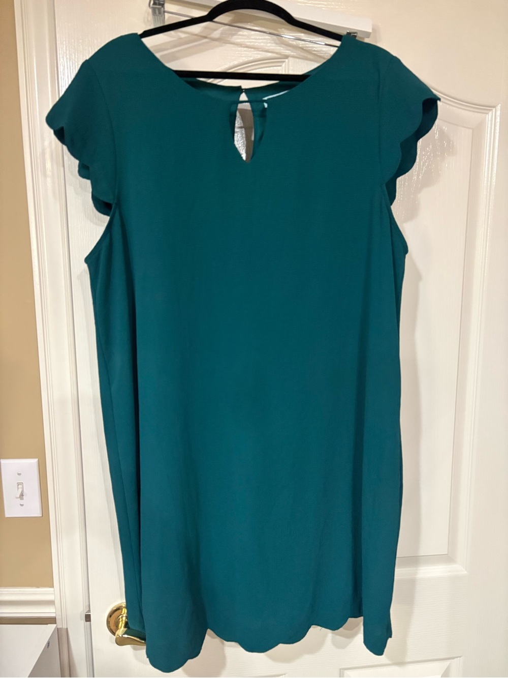 She + Sky Teal Shift Dress with Flutter Scalloped Sleeves